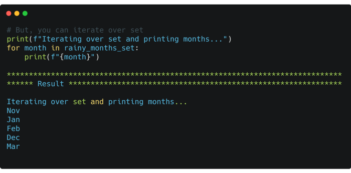 Python code — iteration over set