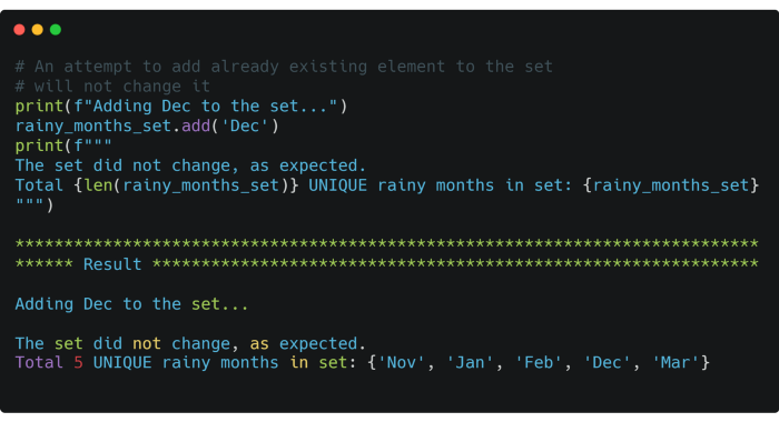 Python code — it is impossible to add duplicates to set