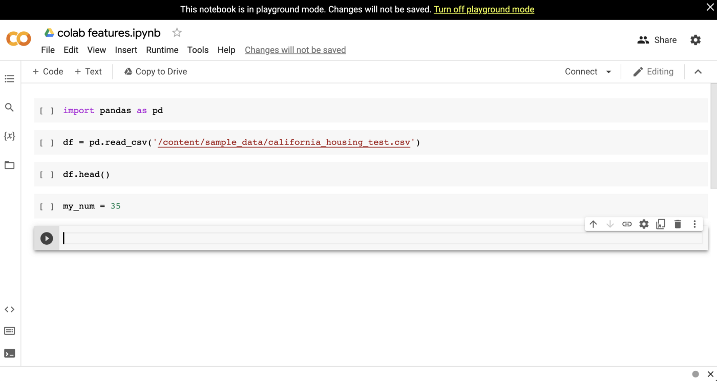 מחברת Google Colab במצב Playground, מה שמציין ששינויי קוד לא יישמרו. אידיאלי להתנסות וללימוד Python.