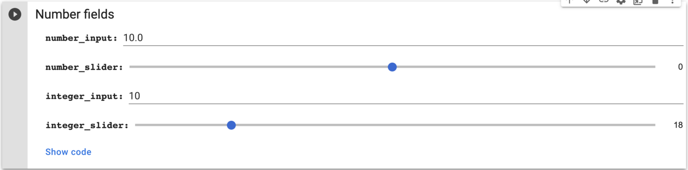 חקור את העוצמה של Google Colab להצגה והתאמה של נתונים מספריים עם מחוונים ושדות קלט אינטואיטיביים למניפולציה חלקה.